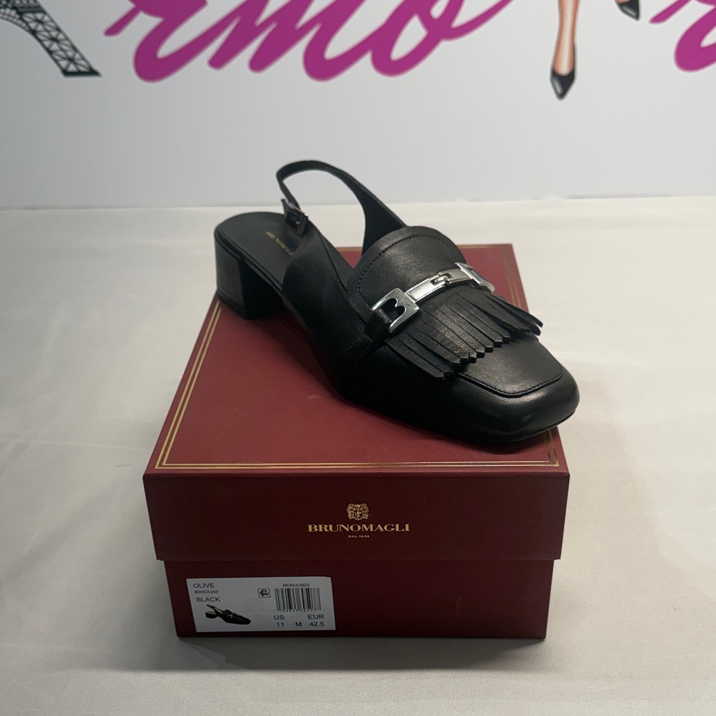 Bruno Magli Black Leather Fringe Slingback Loafer